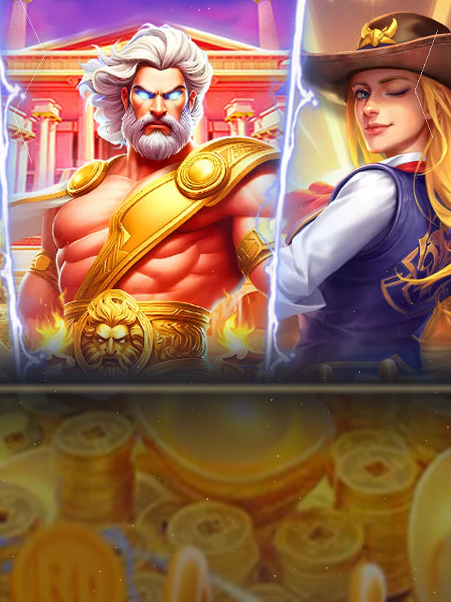 Karakter Zeus berpetir dan koboi dari poster resmi dan777 di atas tumpukan koin emas